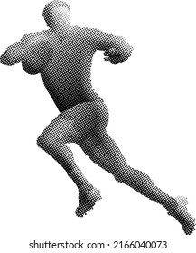 Benday dot imprint of a rugby football player sprint with an oval ball, isolated against white. Vector illustration.