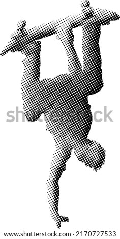 Benday dot imprint of a skateboarder perform a one hand-stand while holding a skateboard, isolated against white. Vector illustration.