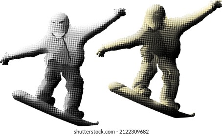 Benday dot imprint of snowboarder jumping through the sky on a snowboard. Vector illustration.