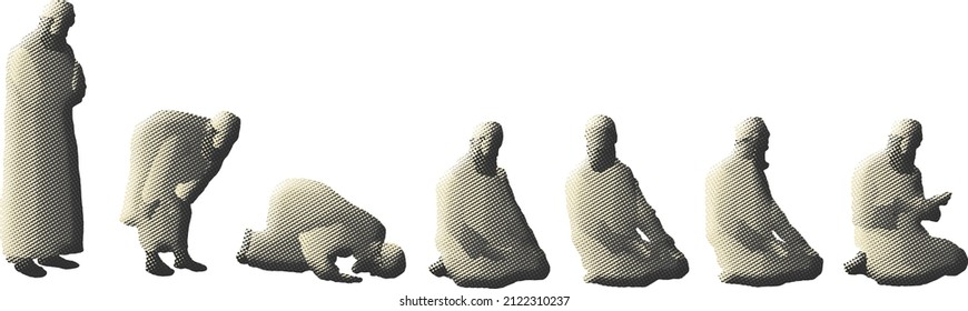 Benday dot imprint of step by step method of muslim performing an islamic prayer. Vector illustration.