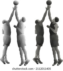 Benday dot imprint of two basketball player contest for the opening tip ball. Vector illustration.