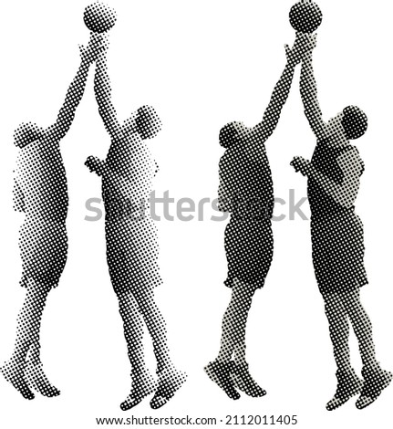 Benday dot imprint of two basketball player contest for the opening tip ball. Vector illustration.