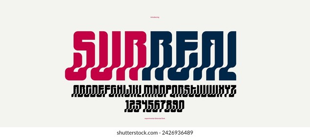Bended and deformed display font for logos and posters, vector distorted and twisted typeface for headlines and advertising, logotype cool typography.