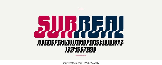 Bended and deformed display font for logos and posters, vector distorted and twisted typeface for headlines and advertising, letters and numbers alphabet typography.