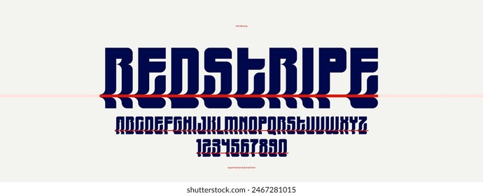 Bended and deformed display font for logos and posters, vector distorted and twisted typeface for headlines and advertising, letters and numbers alphabet typography.