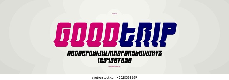 Gebogener und deformierter Anzeigesatz für Logos und Poster, vektorverzerrte und verdrehte kursive Schrift für Überschriften und Werbung, Buchstaben- und Zahlenalphabet-Typografie.