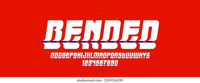 Bended and deformed display font for logos and posters, vector distorted and twisted italic typeface for headlines and advertising, letters and numbers alphabet typography.