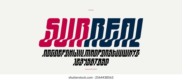 Bended and deformed display font for logos and posters, vector distorted and twisted typeface for headlines and advertising, logotype cool typography, italic version