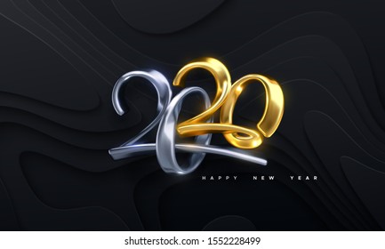 Números de plegado 2020. Ilustración vectorial de vacaciones. Caracteres metálicos dorados y plateados. Moderna caligrafía 3d sobre fondo de papel ondulado negro.Feliz Año Nuevo 2020. Banner festivo o diseño de letreros.