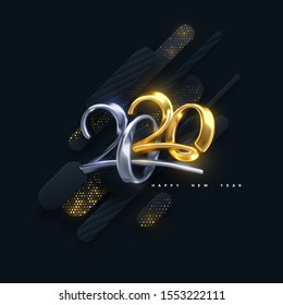 Bended numbers 2020. Holiday vector illustration. Golden and silver characters. Modern 3d calligraphy on black papercut background with glitters. Happy New 2020 Year. Festive banner or sign design.