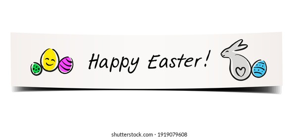 Bended paper banner with easter greetings and cute easter bunny and easter eggs