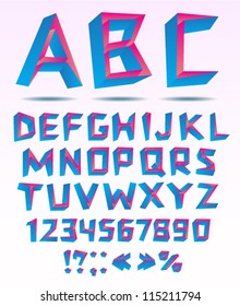 Bended three dimensional alphabet letters with numbers and punctuation.