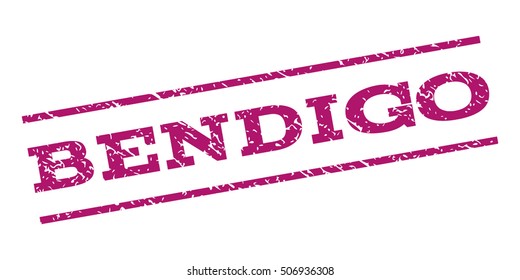 Bendigo watermark stamp. Text tag between parallel lines with grunge design style. Rubber seal stamp with scratched texture. Vector purple color ink imprint on a white background.