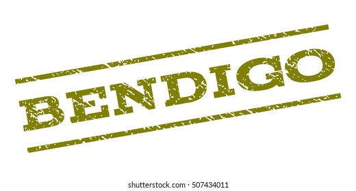 Bendigo watermark stamp. Text tag between parallel lines with grunge design style. Rubber seal stamp with dust texture. Vector olive color ink imprint on a white background.