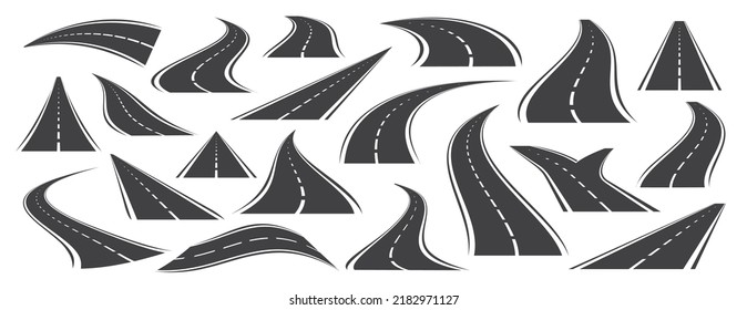 Bending asphalt roads and highways. Roadway, winding road with white markings icon set. Travel, transportation concept