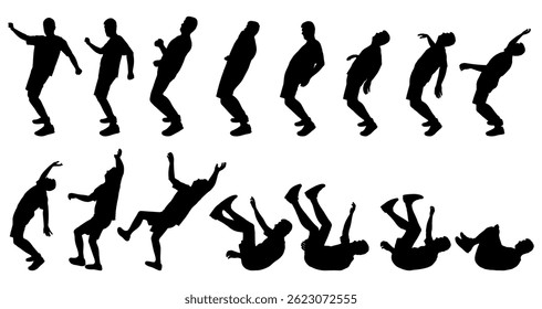 Bending and falling and fallen man, set of silhouettes. Vector illustration