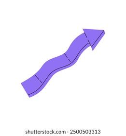 Línea de flexión con cursor que muestra la ruta. Curva con flecha que apunta a un cambio de dirección. Ruta de las guías de signo. Forma geométrica curvada, puntero de dirección. Ilustración vectorial aislada plana sobre fondo blanco