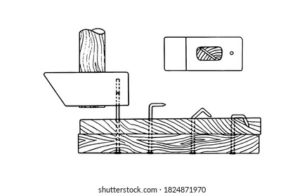 Bending of nails through holes drilled in gavel. Method. Sketch