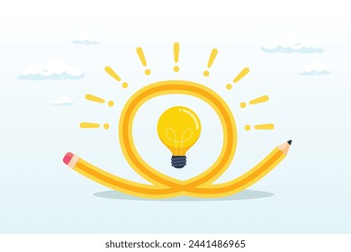 Bending pencil with bright lightbulb idea, creative idea, imagination, writing skill or learning and education (Vector)