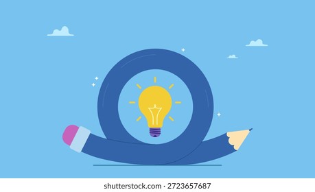 Bending pencil with bright lightbulb idea. Creative idea, imagination, writing skill or learning and education.