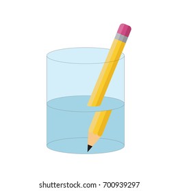 Bending Pencil Experiment. Refraction Of Light. Vector Illustration Flat Design