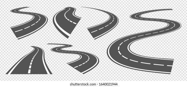 Bending roads. Driving asphalt strip road, curve highway or turn pathway. Vector set grey streets perspective