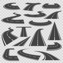 Bending roads and high ways. Road curves geometric design, street intersection, connecting major towns or cities. Vector flat style cartoon roads illustration