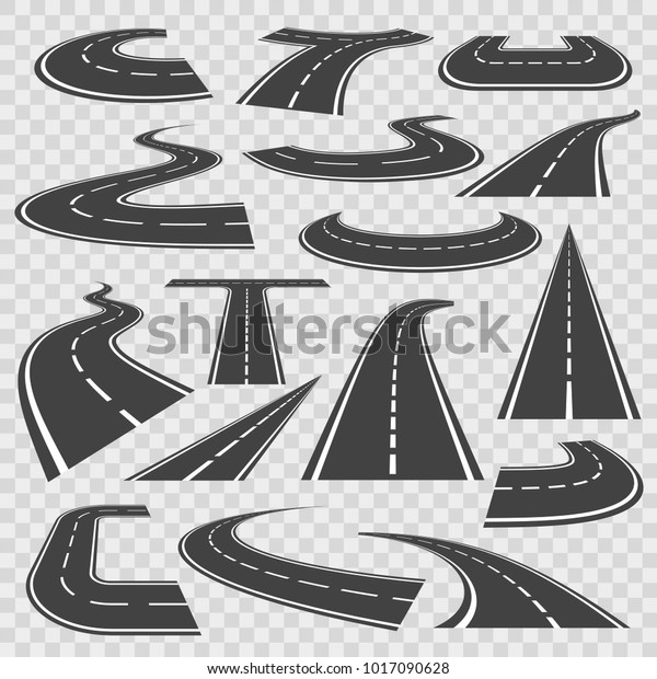 Bending roads and high ways.\
Road curves geometric design, street intersection, connecting major\
towns or cities. Vector flat style cartoon roads\
illustration