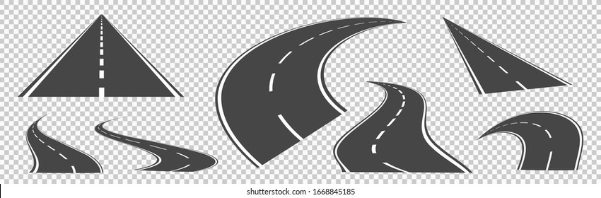 Bending roads and high ways with white lines, road curves geometric design, street intersection vector illustration