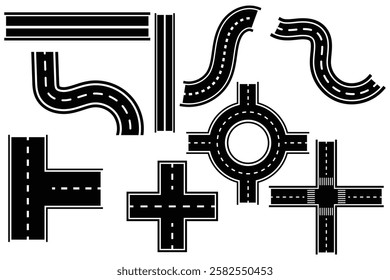 Bending roads and highways vector illustrations set. Road icon, vector set. Silhouette of Road segments, elements, Transportation icon. Vector illustration.