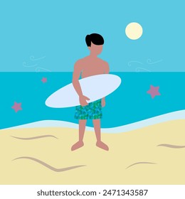 Beneath the clear blue sky, a person stands on the sandy beach, holding a surfboard, ready to catch some waves