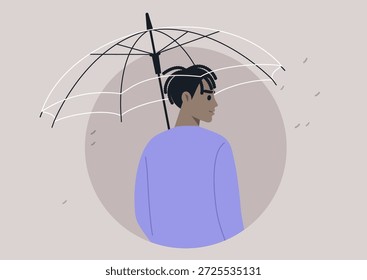 Beneath an elegant transparent umbrella, a figure stands with poise, The soft hues and gentle rain create a tranquil atmosphere in the city, reflecting calmness and beauty