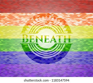 Beneath emblem on mosaic background with the colors of the LGBT flag