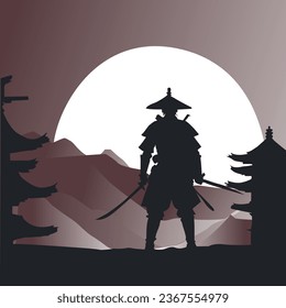 Beneath the moon's gentle glow, a samurai awaits the challenges of the night, embodying grace and bravery