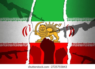 Beneath the torn flag of the Islamic Republic of Iran is a tricolor with a lion holding a saber and a rising sun behind it. The shadows of Iranian fists are visible beneath the shadows of gun barrels.