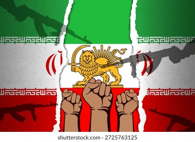 Beneath the torn flag of the Islamic Republic of Iran is a tricolor with a lion holding a saber and a rising sun behind it. Iranian fists are visible beneath the shadows of gun barrels.
