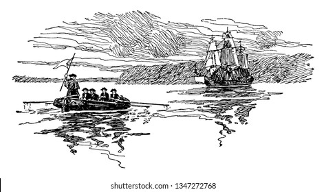 Benedict Arnold escapando en barco fue capturado por las fuerzas de George Washington, dibujos de líneas antiguas o ilustraciones grabadoras.