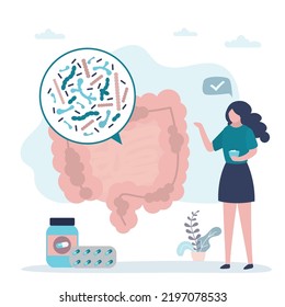 Beneficial properties of probiotics. Healthy woman recommends eat food containing microorganisms. Probiotic supplements normalizes intestinal microflora. Healthy lifestyle. Flat vector illustration