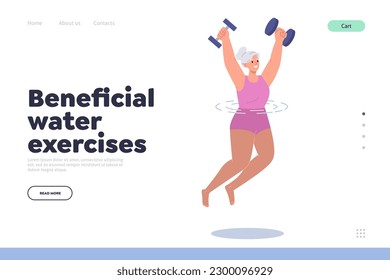 Beneficial water exercises concept for landing page design template with old woman doing aquarobics