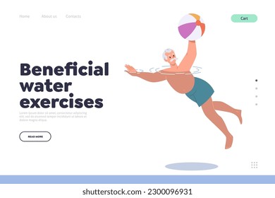 Beneficial water exercises for elderly people landing page with happy old man swimming with ball