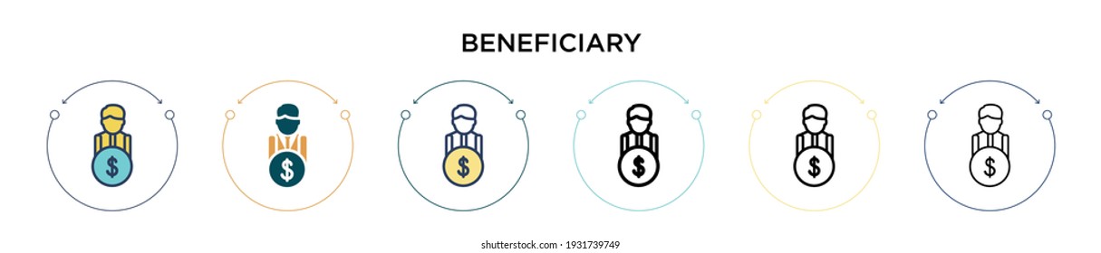 Icono del beneficiario en el estilo relleno, delgado, contorno y trazo. Ilustración vectorial de dos diseños de iconos vectoriales de beneficiarios de color y negro para móviles, ui, web