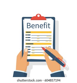 Benefit concept. Man holds a clipboard and writes. Pen in hand. Vector illustration, flat design. Template for text.