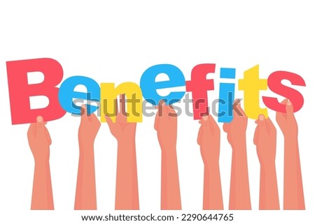 Benefit concept. People hold the colored letters that make up the word. Vector illustration flat design. Isolated on white background.