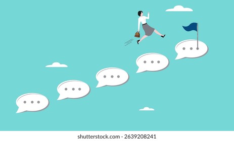 benefit of effective communication in business, communication skills to support career development, effective communication for business growth, businesswoman climbing the ladder of speech bubble