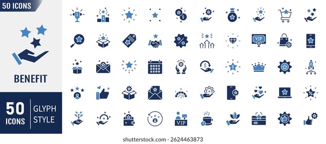 Conjunto de iconos planos de beneficio. Beneficios exclusivos colección lineal de iconos. Contiene recompensa, bono, lealtad, estrella, ganador, premio, premio, incentivo, recompensa y más. Ilustración vectorial