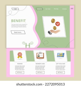 Plantilla del sitio web de la página de inicio plana de beneficios. Recompensa, tarjeta de miembro, vale de regalo. Banner web con encabezado, contenido y pie de página. Ilustración vectorial.