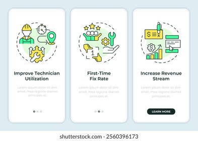 Benefit of FSM onboarding mobile app screen. Improve business. Walkthrough 3 steps editable graphic instructions with linear concepts. UI, UX, GUI template