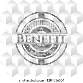 Benefit grey emblem. Vintage with geometric cube white background