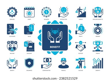 Icon-Set für Vorteile Business, Zufriedenheit, Mitarbeitervorteile, Wachstum, Ausgleich, Gewinn, Erfolg, Boni. Duotone-Farbsymbole