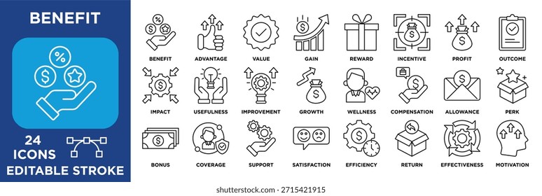 Conjunto de iconos de beneficios que ilustran el valor, la recompensa, el incentivo, el beneficio, la compensación, el crecimiento, la eficacia, la satisfacción y la motivación. esbozar la Ilustración vectorial